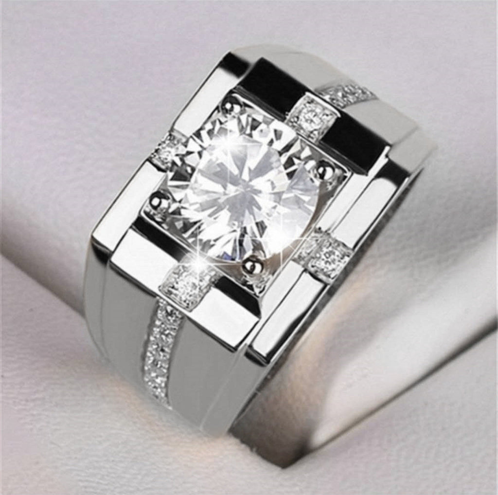 Men's Moissanite Statement Ring | White Gold-Plated Designer Band