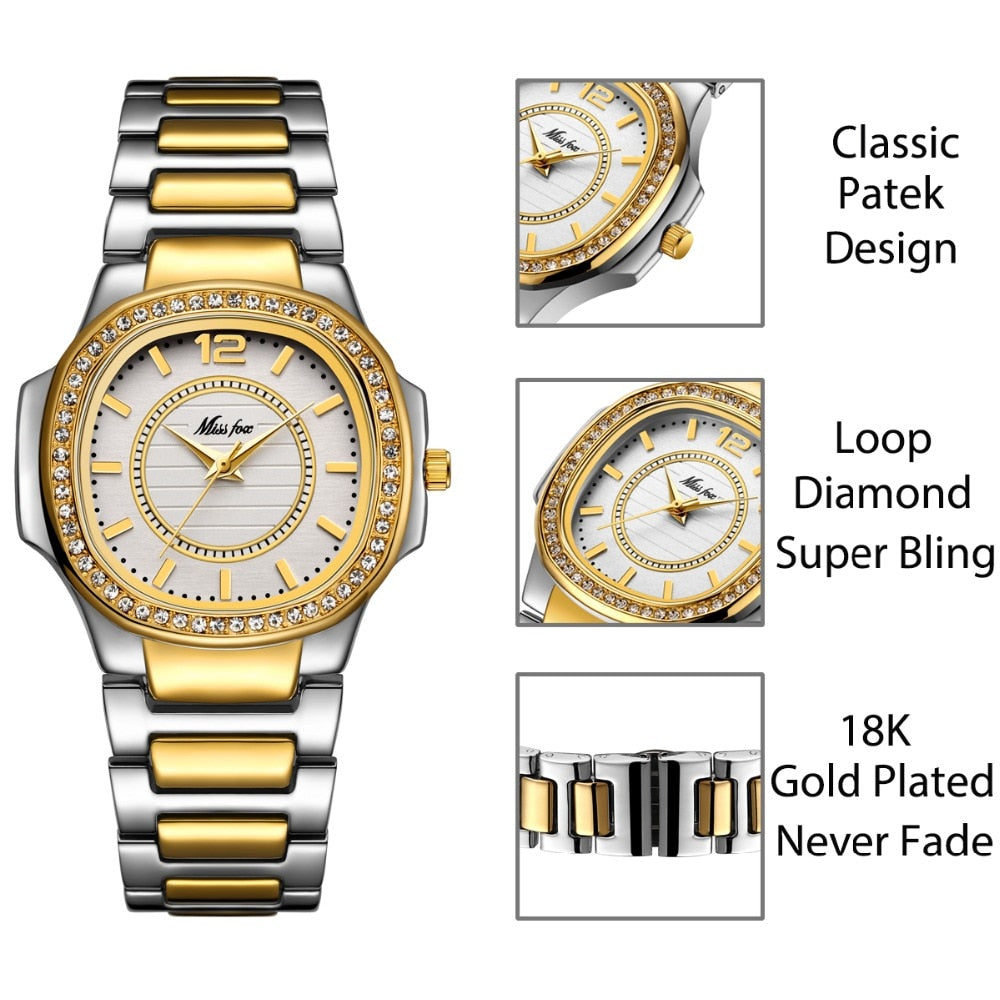 Missfox 2549 Women Watches Women Fashion Watch Geneva Designer Ladies Watch Luxury Brand Diamond Quartz Gold Wrist Watch Gifts For Women eprolo