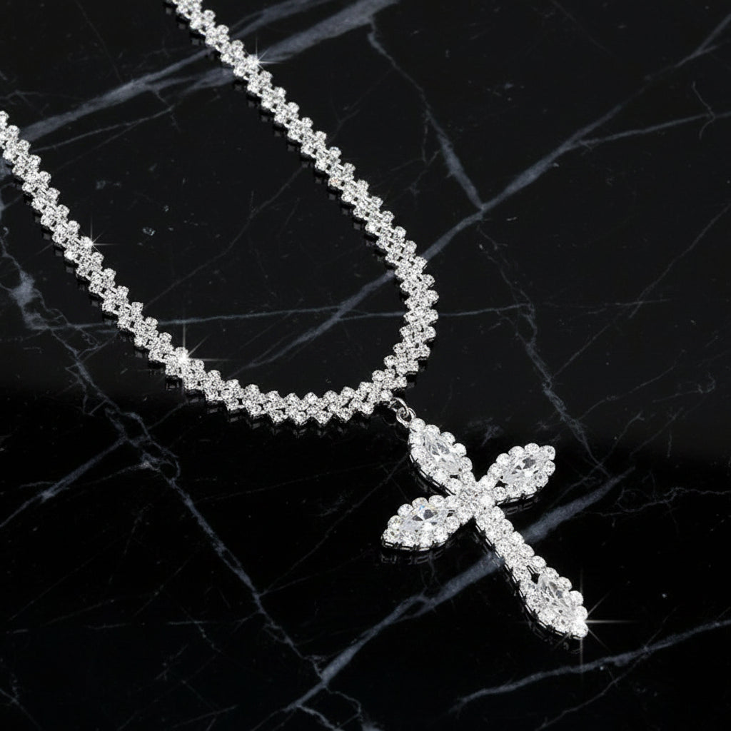 925 Sterling Silver Cross Pendant Necklace with Sparkling Rhinestone Embellishments