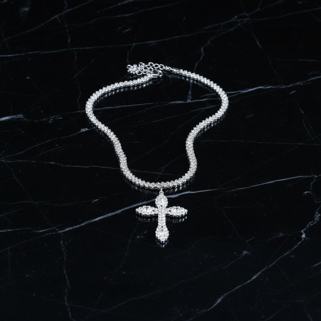 925 Sterling Silver Cross Pendant Necklace with Sparkling Rhinestone Embellishments