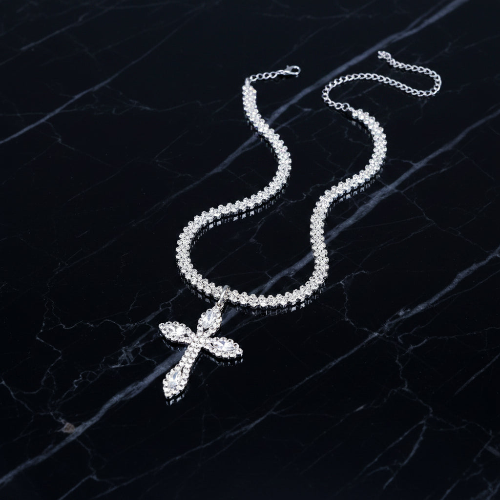 925 Sterling Silver Cross Pendant Necklace with Sparkling Rhinestone Embellishments