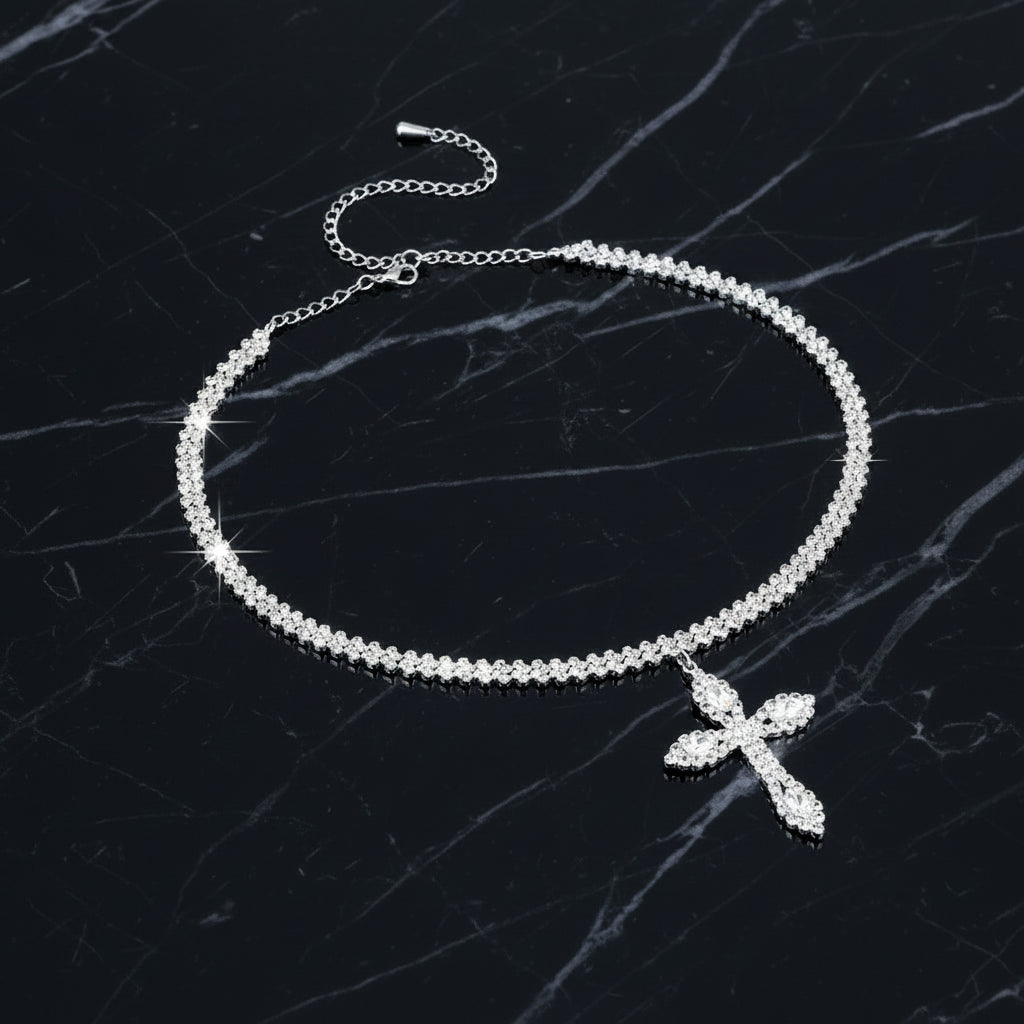 925 Sterling Silver Cross Pendant Necklace with Sparkling Rhinestone Embellishments