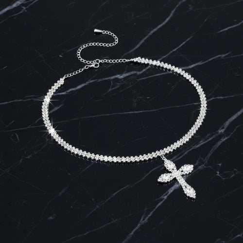 925 Sterling Silver Cross Pendant Necklace with Sparkling Rhinestone Embellishments