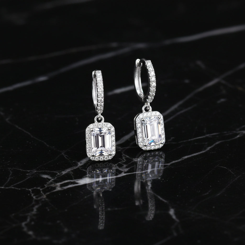 S925 Emerald Cut Moissanite Halo Earrings with Pave Band, 1-2ct Rectangle White Moissanite Sterling Silver, Engagement Wedding Drop Dangle