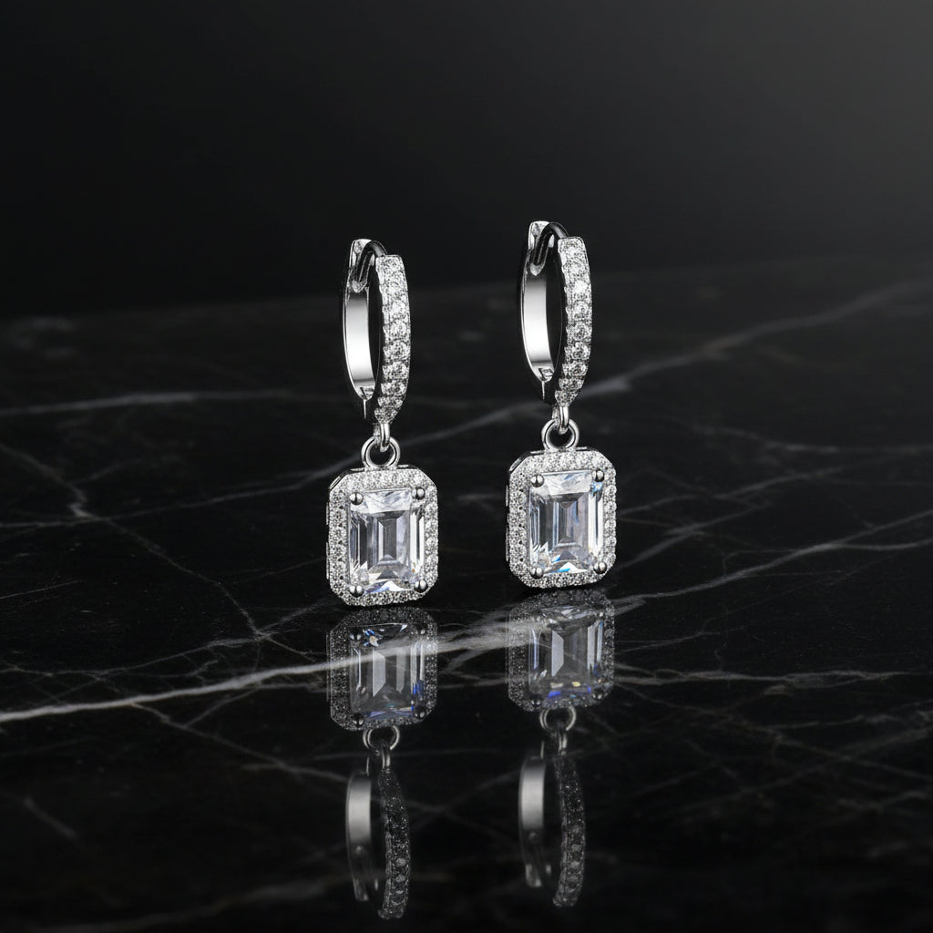 S925 Emerald Cut Moissanite Halo Earrings with Pave Band, 1-2ct Rectangle White Moissanite Sterling Silver, Engagement Wedding Drop Dangle