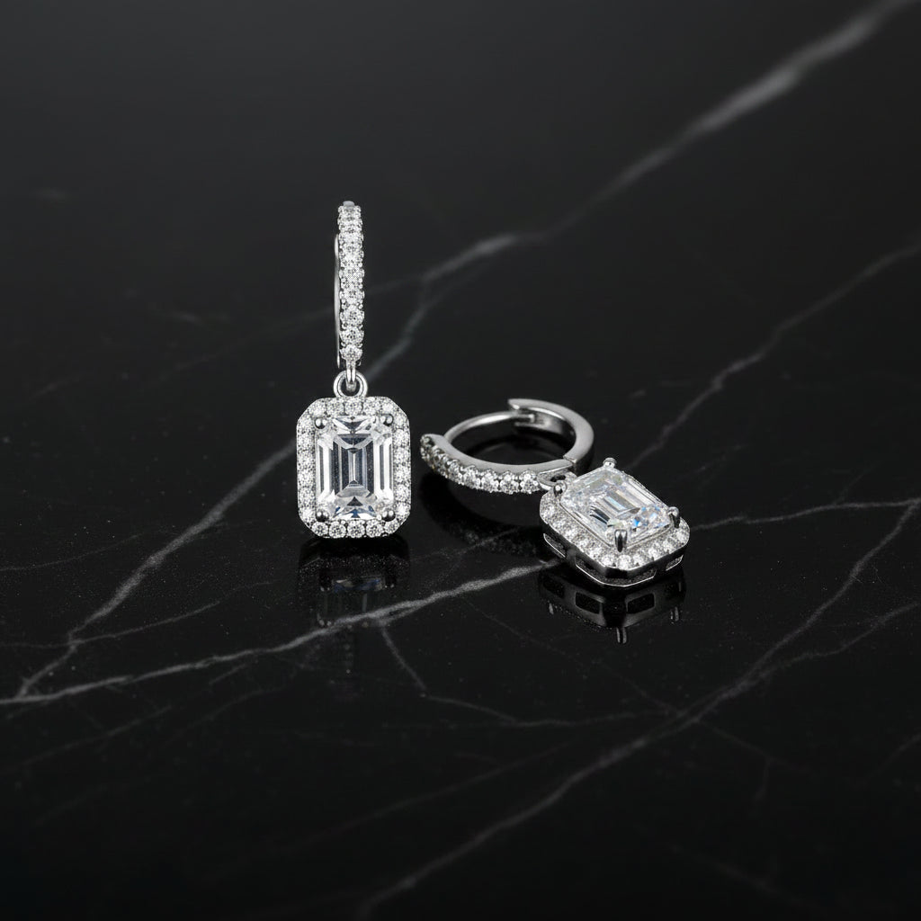 S925 Emerald Cut Moissanite Halo Earrings with Pave Band, 1-2ct Rectangle White Moissanite Sterling Silver, Engagement Wedding Drop Dangle