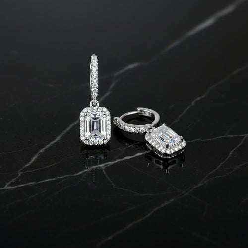 Emerald Cut Moissanite Halo Drop Earrings – 925 Sterling Silver
