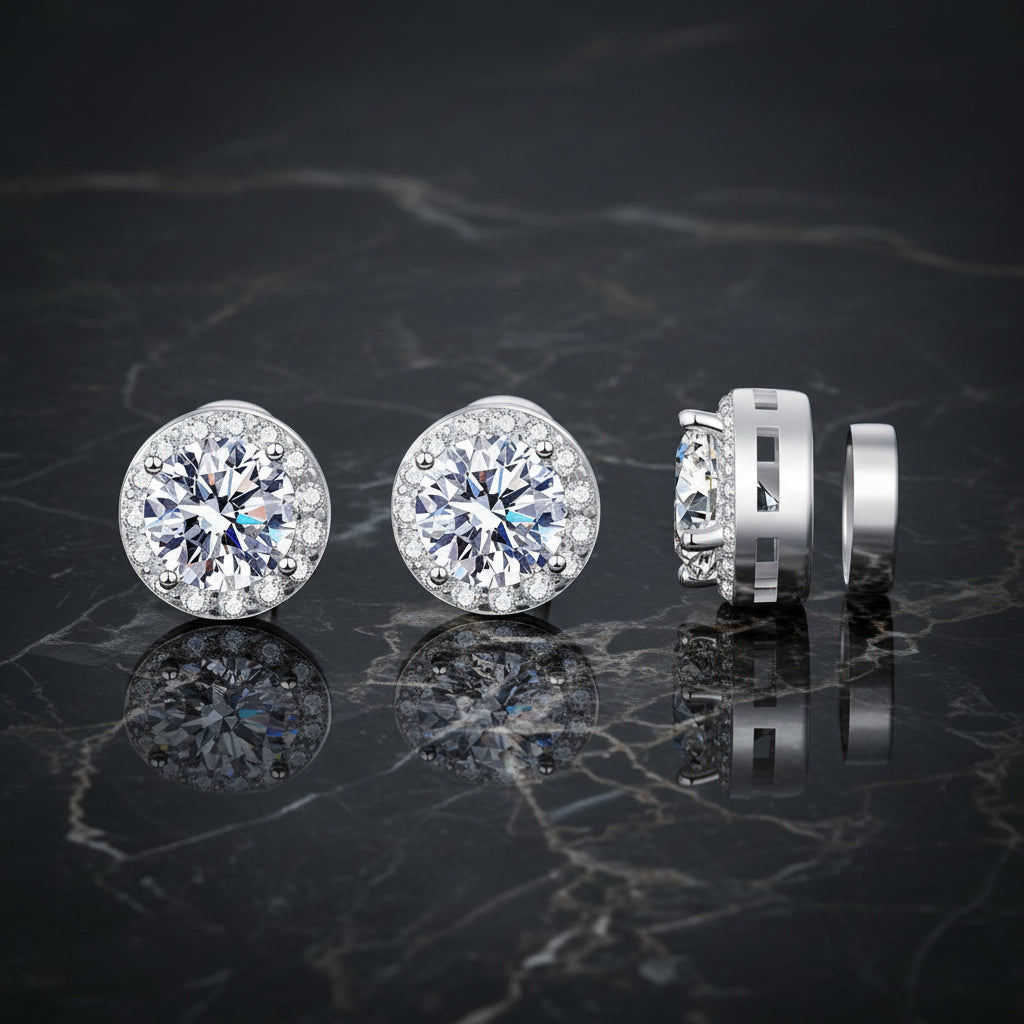 S925 Magnetic Moissanite / CZ Round Halo Stud Earrings for Men Women, 1ct 6.5mm Round Cut, Inlaid Magnetic Earrings Non-Piercing Clip On Stud Earring