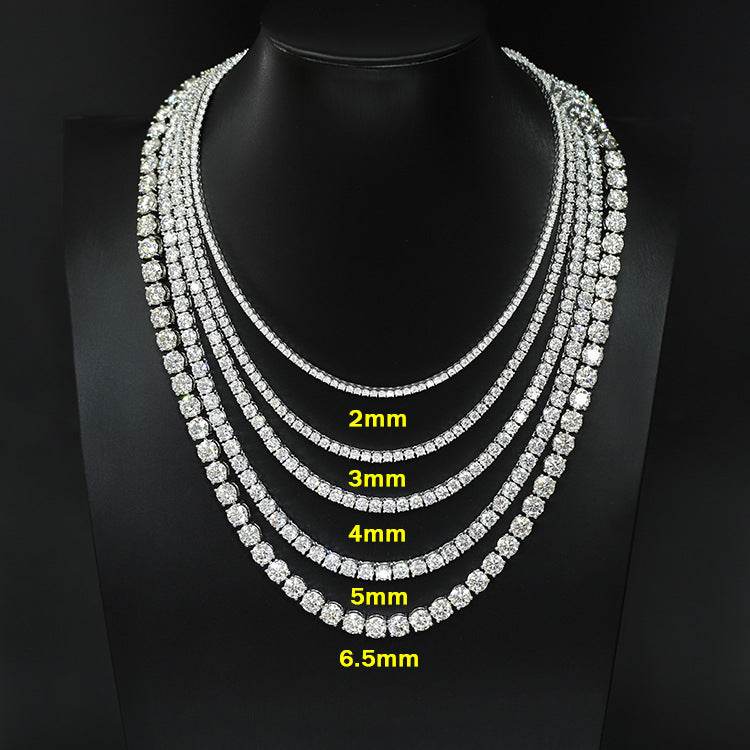 VVS1 Moissanite S925 & 14K Tennis Chain Iced Out Necklace and Bracelet, 6–26 Inch, 2–6.5mm Round Cut D-Grade Certified Moissanite, Sterling Silver White Gold Plated, Hypoallergenic Hip Hop Jewelry