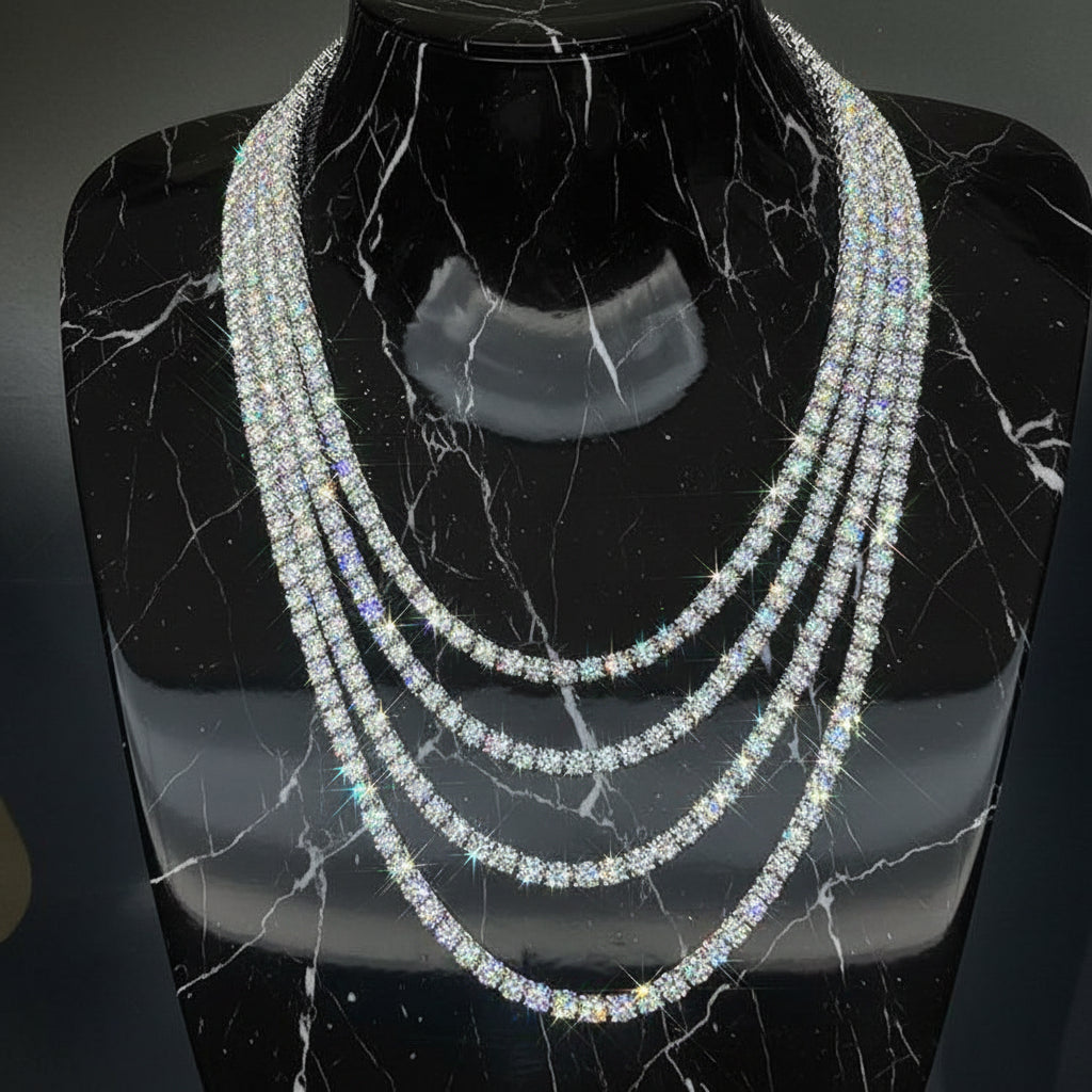 VVS1 Moissanite S925 & 14K Tennis Chain Iced Out Necklace and Bracelet, 6–26 Inch, 2–6.5mm Round Cut D-Grade Certified Moissanite, Sterling Silver White Gold Plated, Hypoallergenic Hip Hop Jewelry