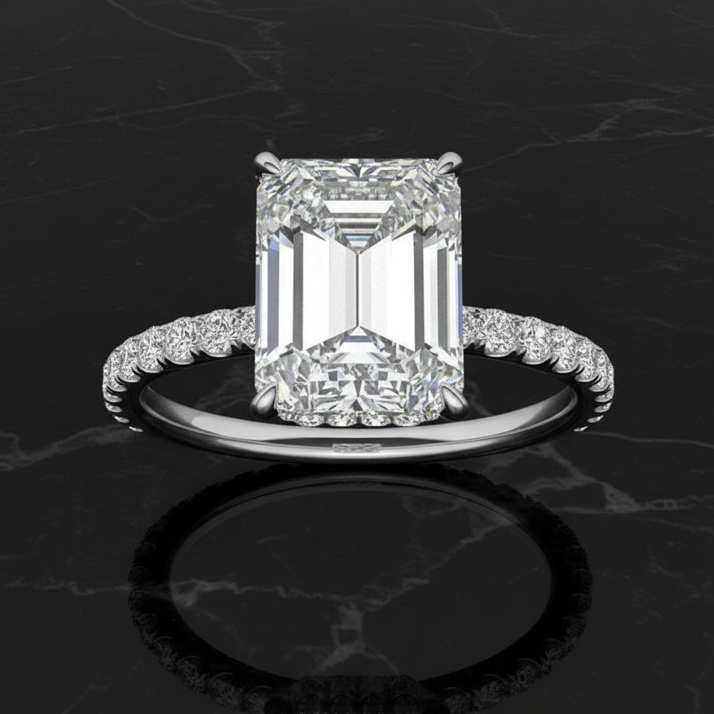 S925 Emerald Cut 4ct Moissanite Engagement Ring, 4 Carat VVS1 D-Color 3EX-Cut Moissanite Four-Prong Sterling Silver Ring