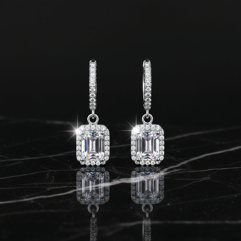 S925 Emerald Cut Moissanite Halo Earrings with Pave Band, 1-2ct Rectangle White Moissanite Sterling Silver, Engagement Wedding Drop Dangle