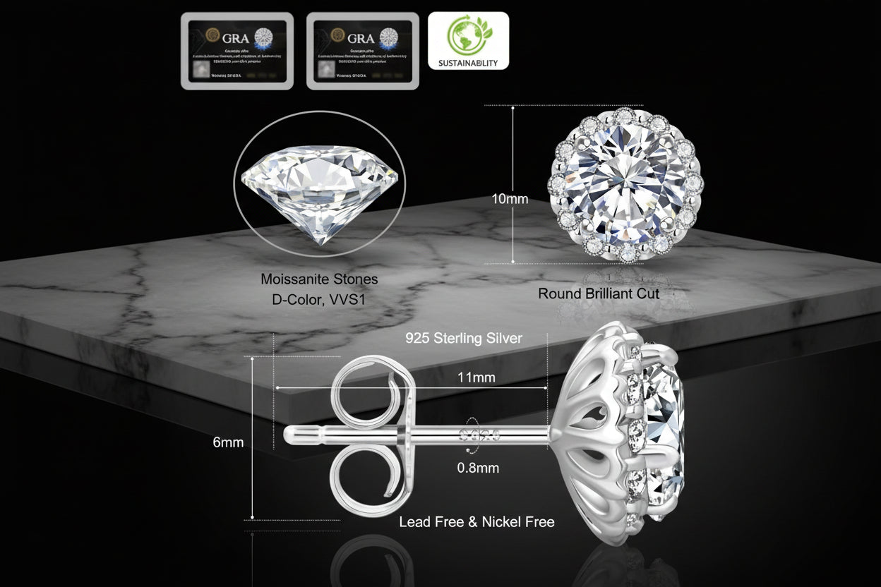 2 Carat Moissanite Diamond Stud Earrings – 925 Sterling Silver