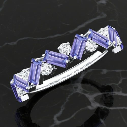 Baguette Cut Tanzanite and Diamond Half Eternity Stackable Ring