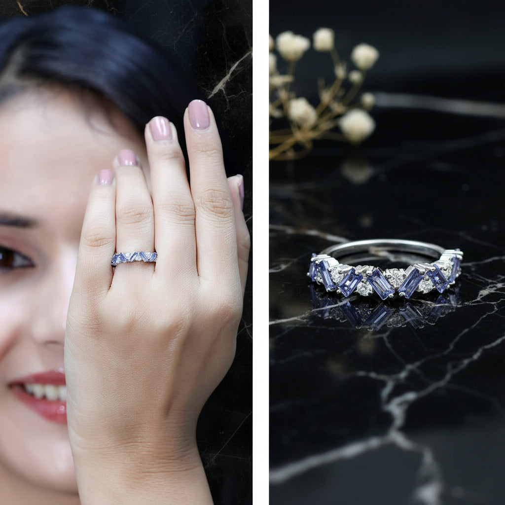 Baguette Cut Tanzanite and Diamond Half Eternity Stackable Ring