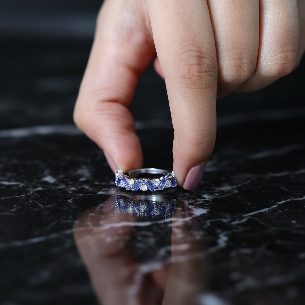 Baguette Cut Tanzanite and Diamond Half Eternity Stackable Ring
