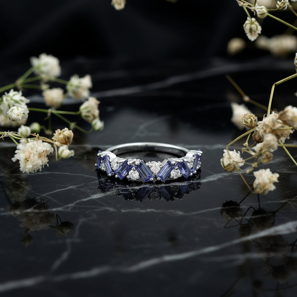 Baguette Cut Tanzanite and Diamond Half Eternity Stackable Ring