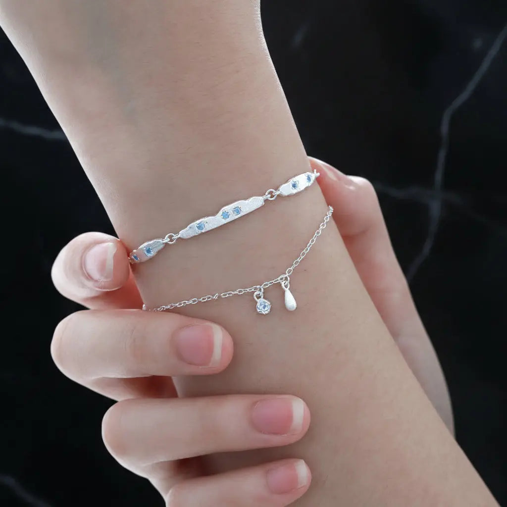 Cubic Zirconia Double Layer Teardrop Pendant with 925 Sterling Silver Brushed Texture Irregular Bar Link Bracelet SILVERBENE