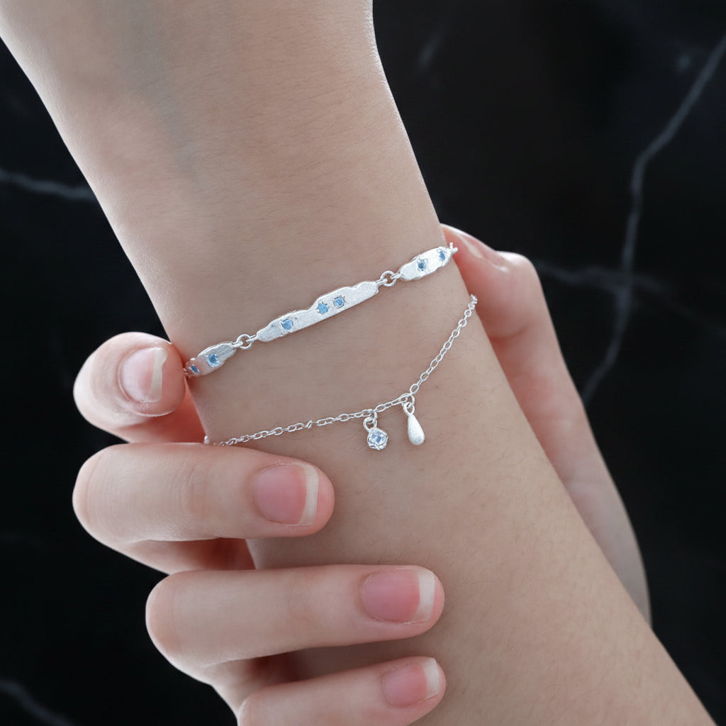 Cubic Zirconia Double Layer Teardrop Pendant with 925 Sterling Silver Brushed Texture Irregular Bar Link Bracelet