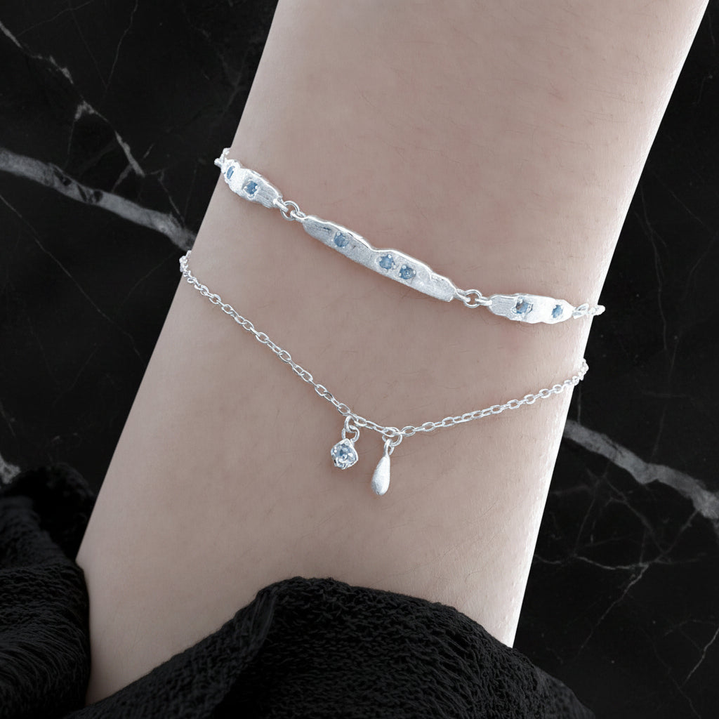 Cubic Zirconia Double Layer Teardrop Pendant with 925 Sterling Silver Brushed Texture Irregular Bar Link Bracelet