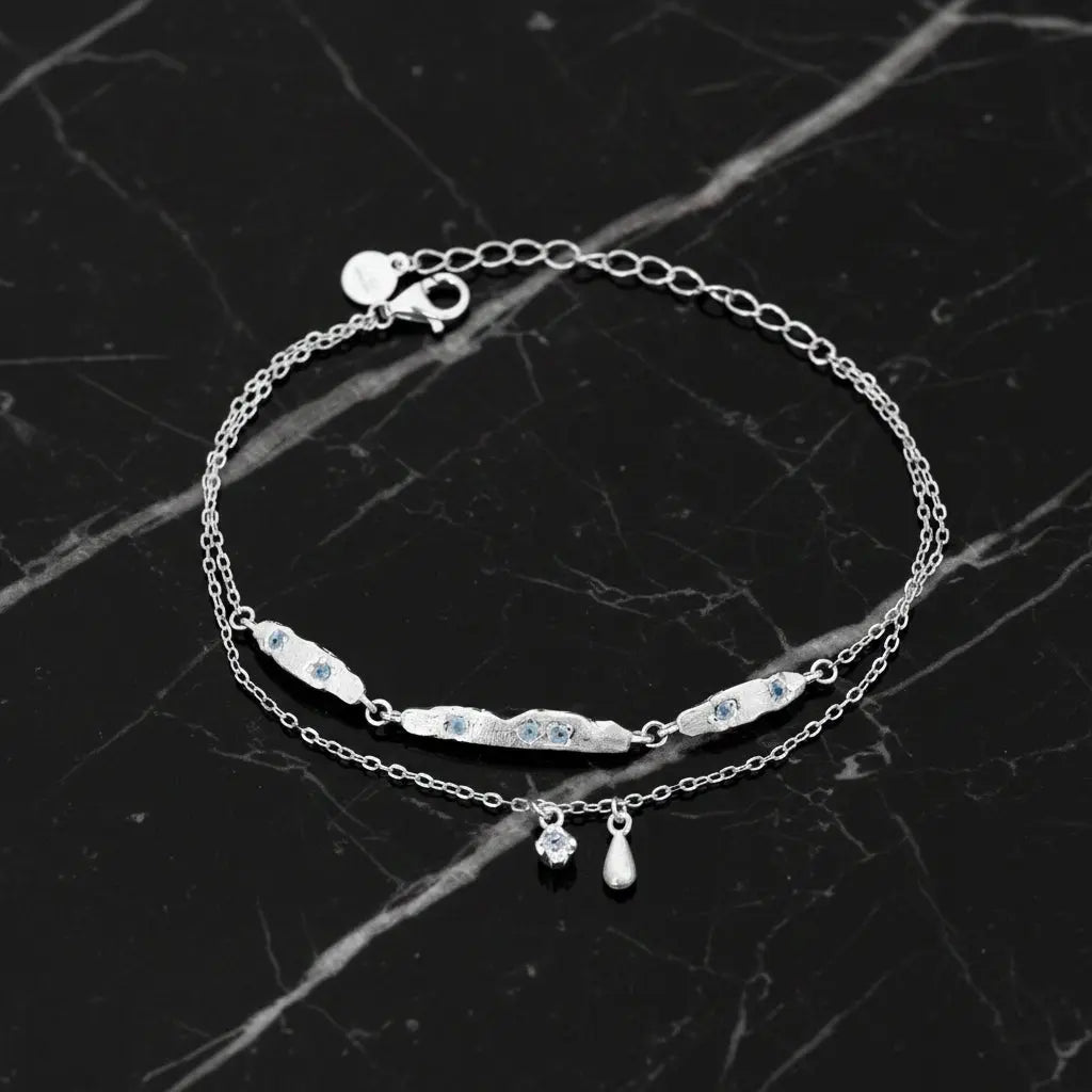 Cubic Zirconia Double Layer Teardrop Pendant with 925 Sterling Silver Brushed Texture Irregular Bar Link Bracelet SILVERBENE