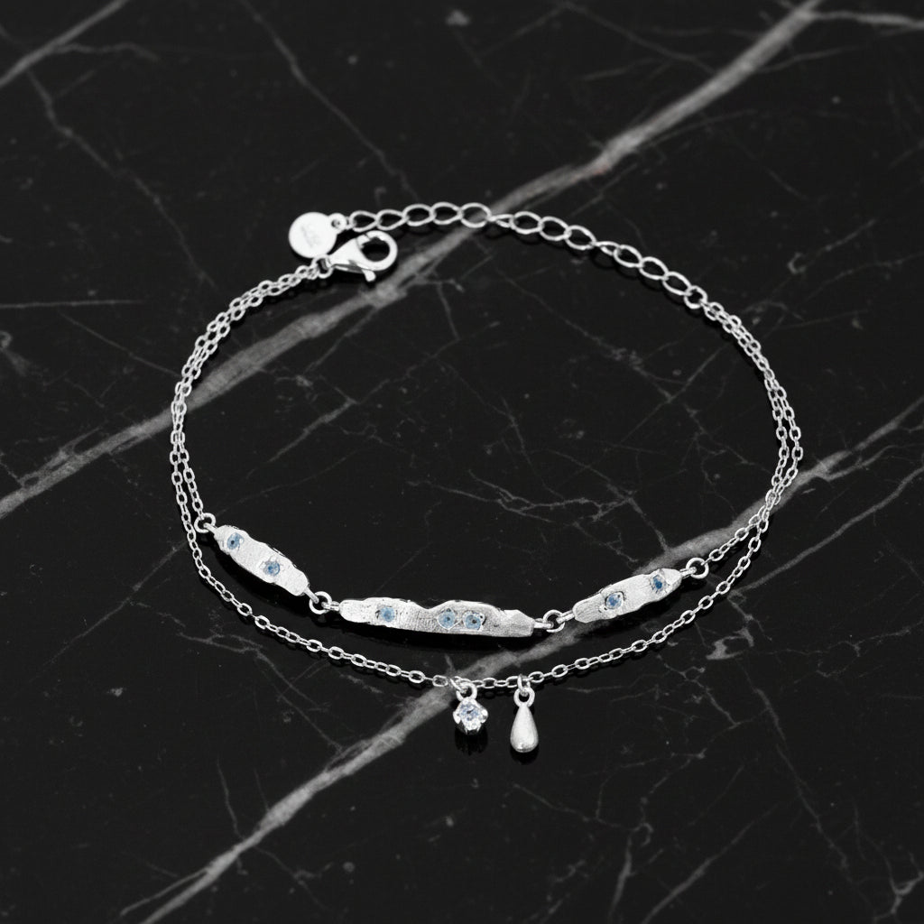 Cubic Zirconia Double Layer Teardrop Pendant with 925 Sterling Silver Brushed Texture Irregular Bar Link Bracelet