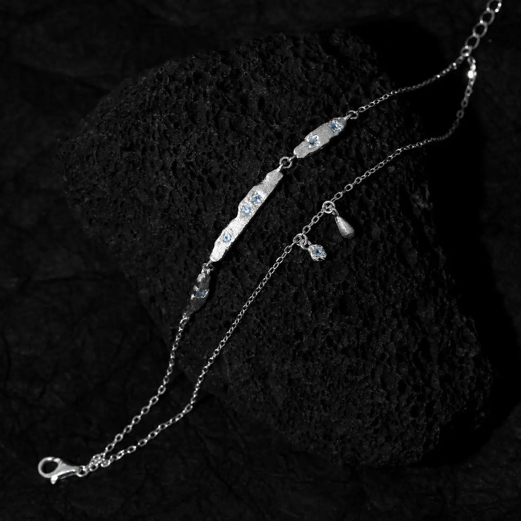 Cubic Zirconia Double Layer Teardrop Pendant with 925 Sterling Silver Brushed Texture Irregular Bar Link Bracelet SILVERBENE