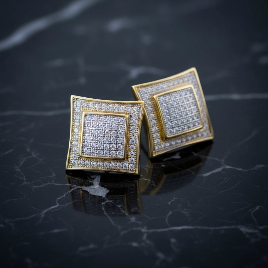 Men's Solid 14k Gold Large Square Lab Diamond Screw Back Earrings