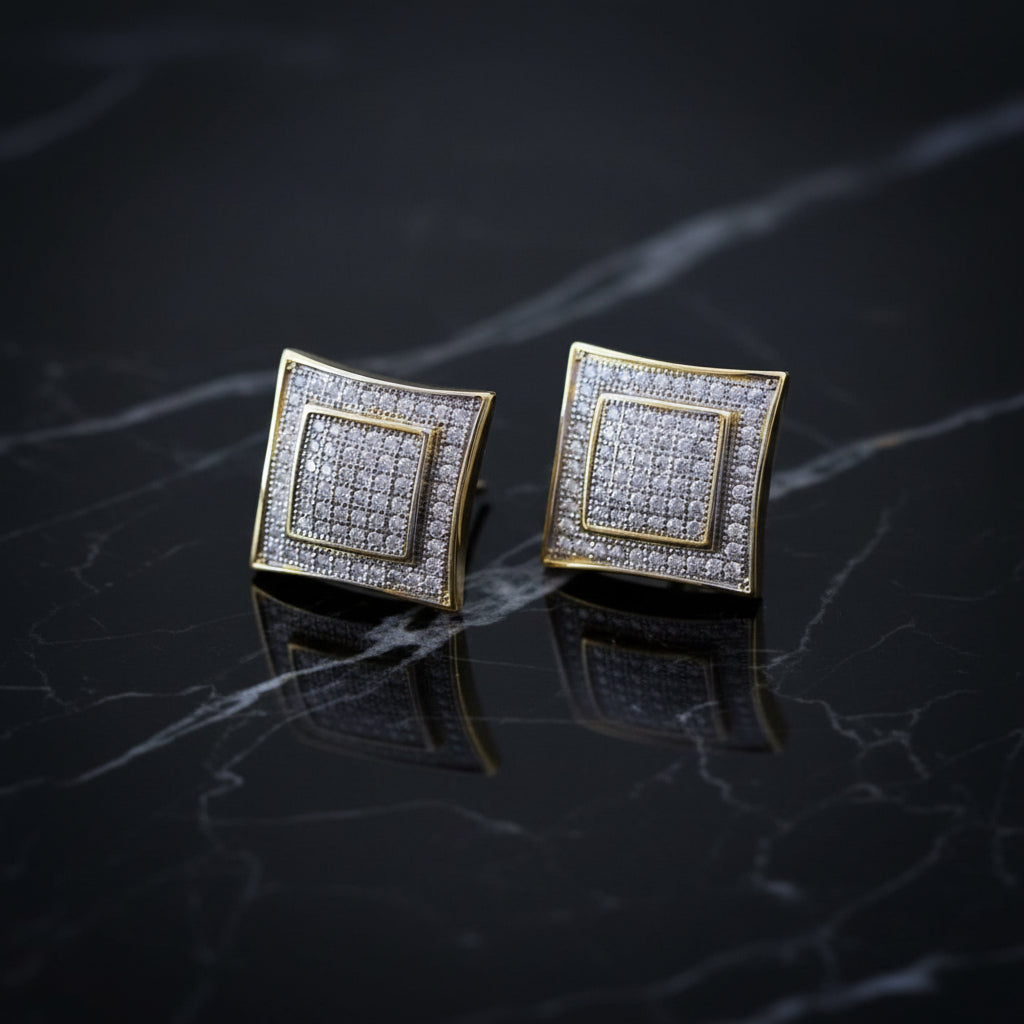 Men's Solid 14k Gold Large Square Lab Diamond Screw Back Earrings